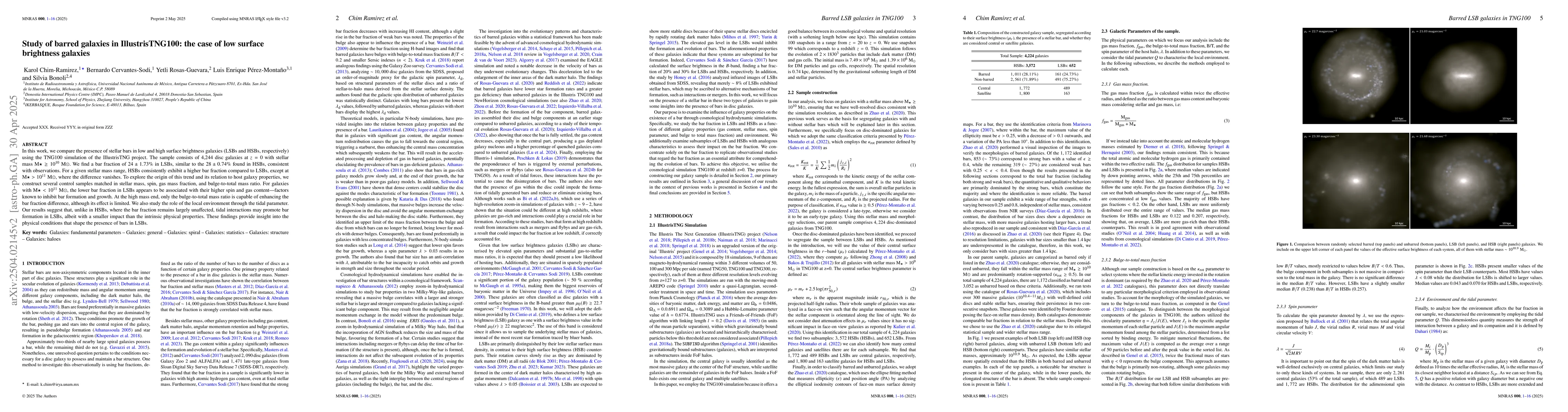Thumbnail for Study of barred galaxies in IllustrisTNG100: the case of low surface
  brightness galaxies