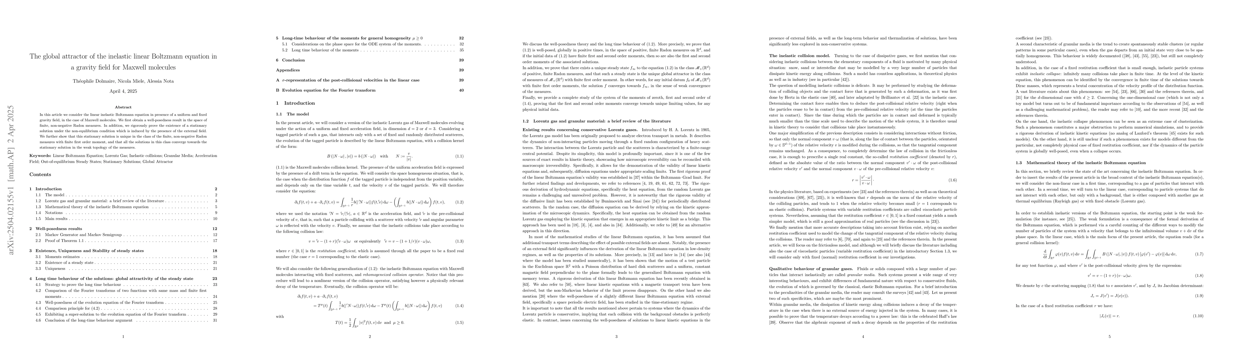 Thumbnail for The global attractor of the inelastic linear Boltzmann equation in a
  gravity field for Maxwell molecules