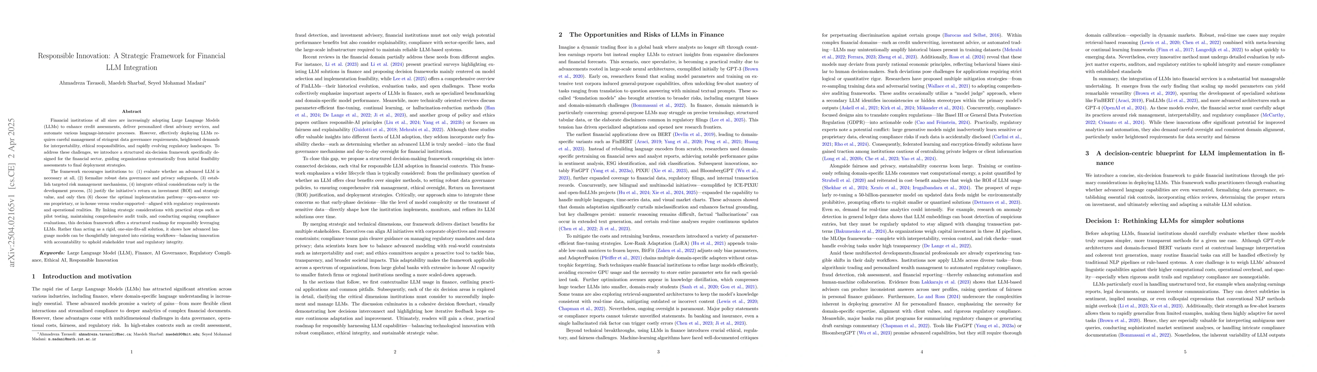 Thumbnail for Responsible Innovation: A Strategic Framework for Financial LLM
  Integration