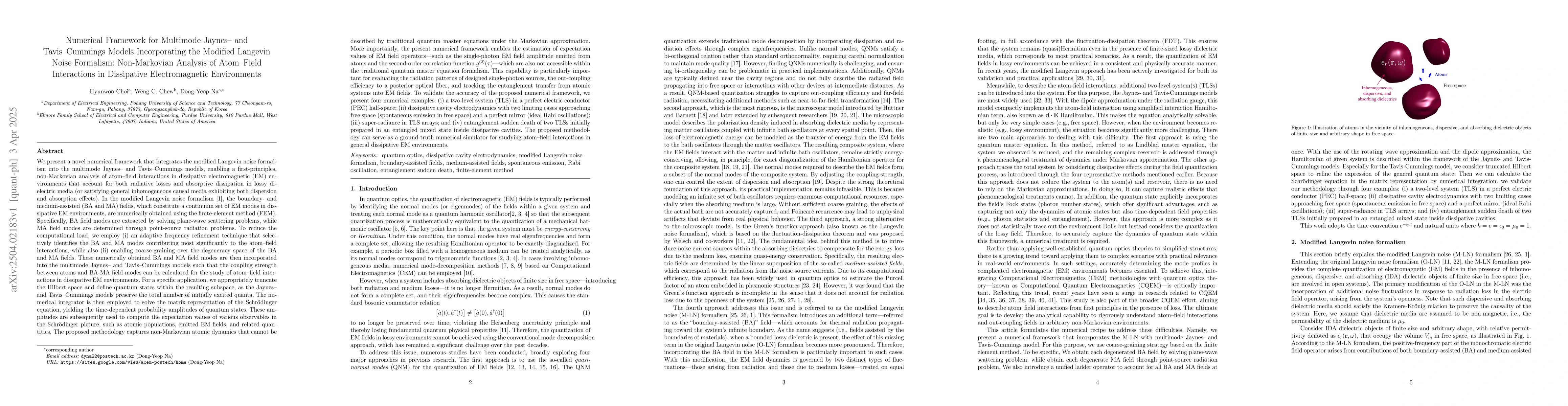 Thumbnail for Numerical Framework for Multimode Jaynes- and Tavis-Cummings Models
  Incorporating the Modified Langevin Noise Formalism: Non-Markovian Analysis
  of Atom-Field Interactions in Dissipative Electromagnetic Environments