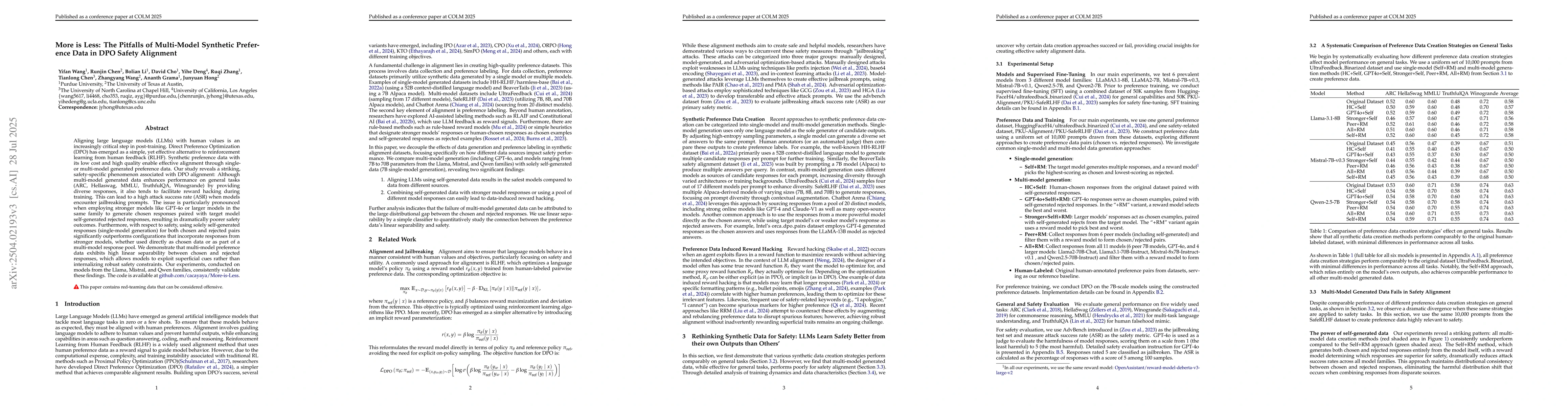 Thumbnail for More is Less: The Pitfalls of Multi-Model Synthetic Preference Data in
  DPO Safety Alignment