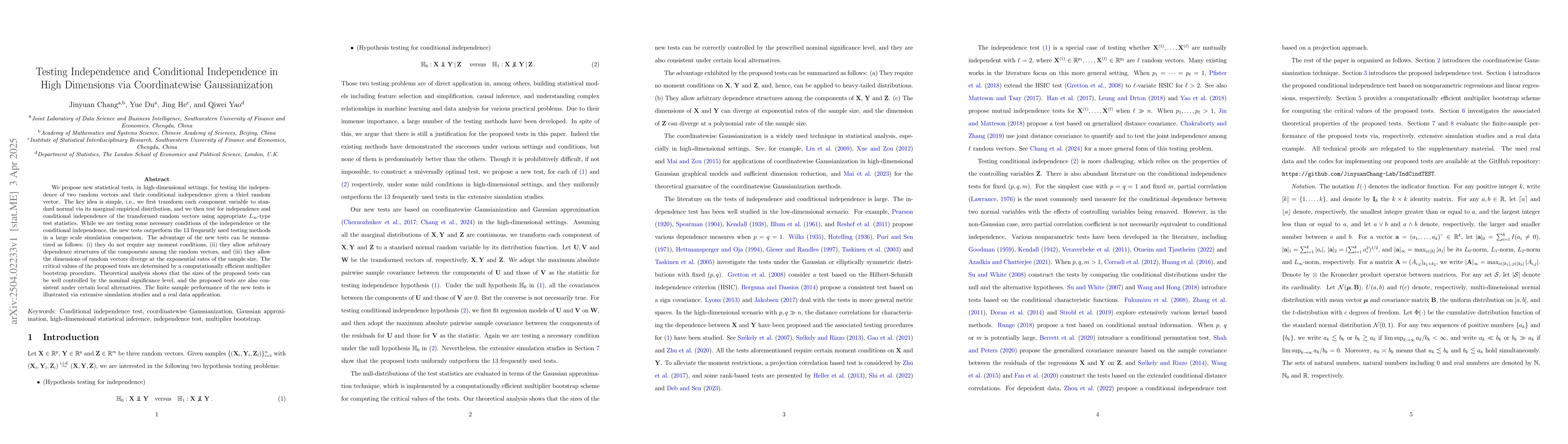 Thumbnail for Testing independence and conditional independence in high dimensions via
  coordinatewise Gaussianization