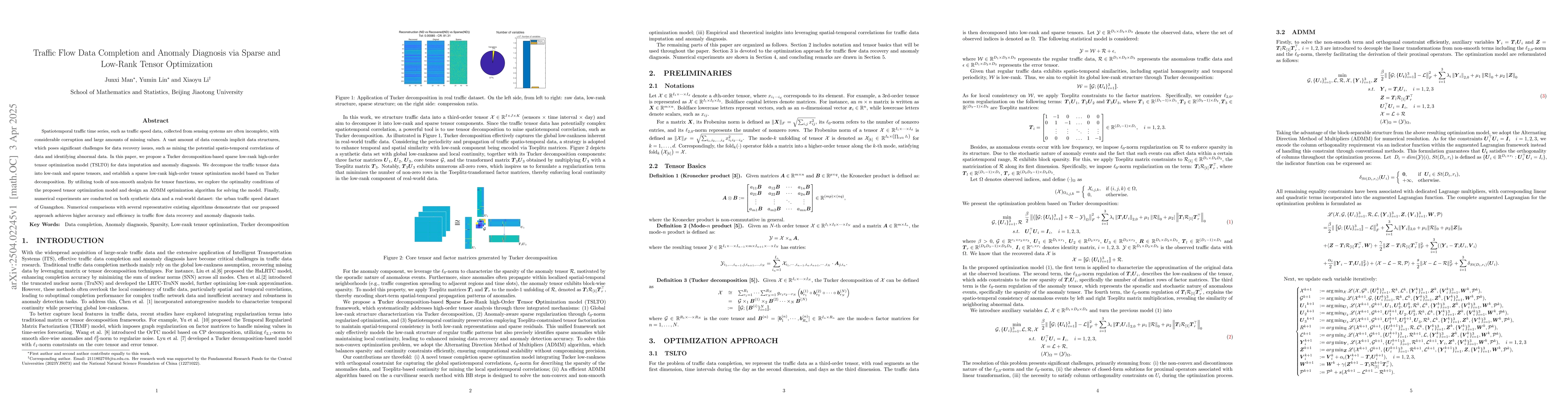 Thumbnail for Traffic Flow Data Completion and Anomaly Diagnosis via Sparse and
  Low-Rank Tensor Optimization