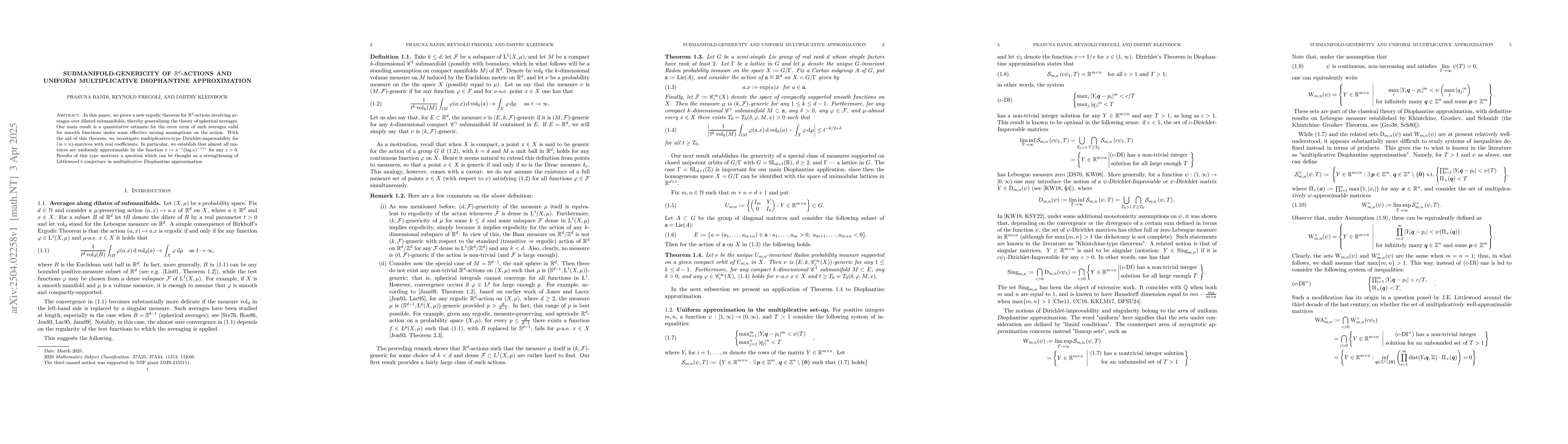 Thumbnail for Submanifold-genericity of $\mathbb{R}^d$-actions and uniform
  multiplicative Diophantine approximation