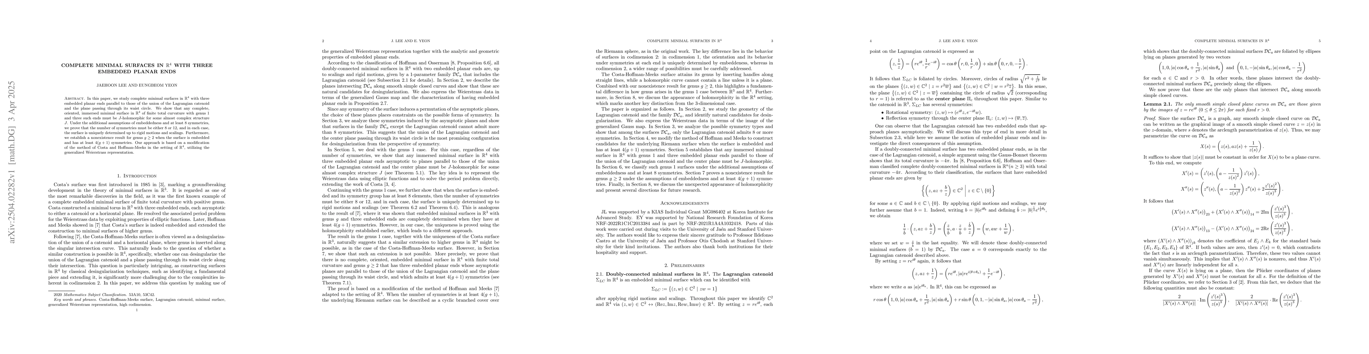 Thumbnail for Complete Minimal Surfaces in $\mathbb{R}^4$ with Three Embedded Planar
  Ends