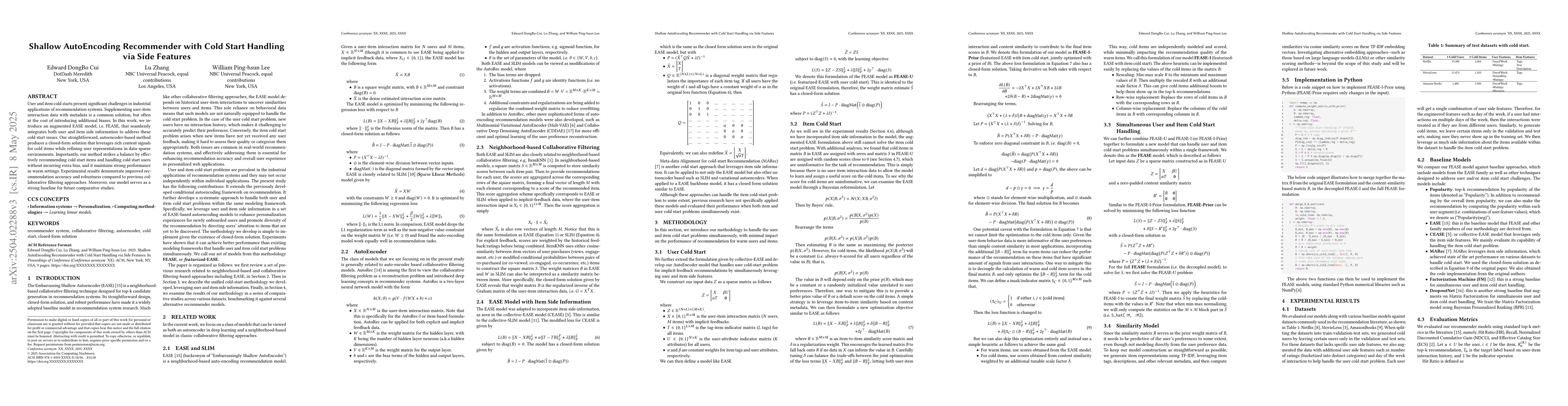 Thumbnail for FEASE: Shallow AutoEncoding Recommender with Cold Start Handling via
  Side Features