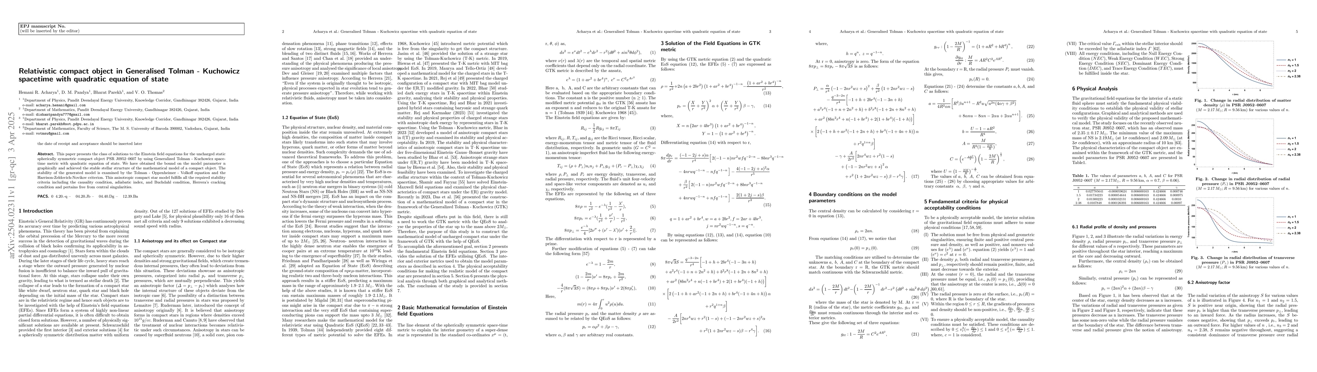 Thumbnail for Relativistic compact object in Generalised Tolman-Kuchowicz spacetime
  with quadratic equation of state