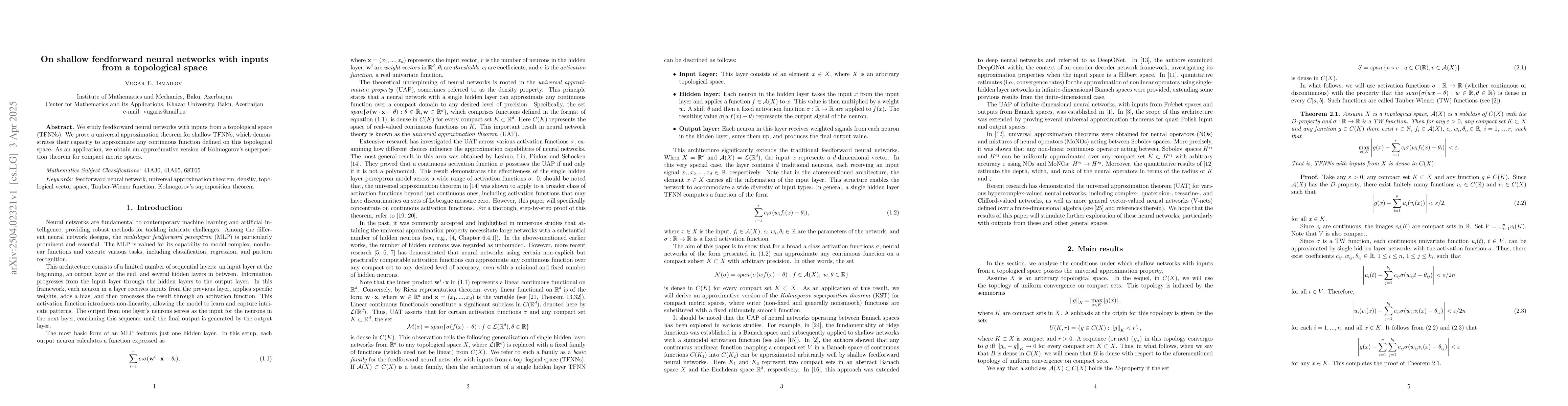 Thumbnail for On shallow feedforward neural networks with inputs from a topological
  space