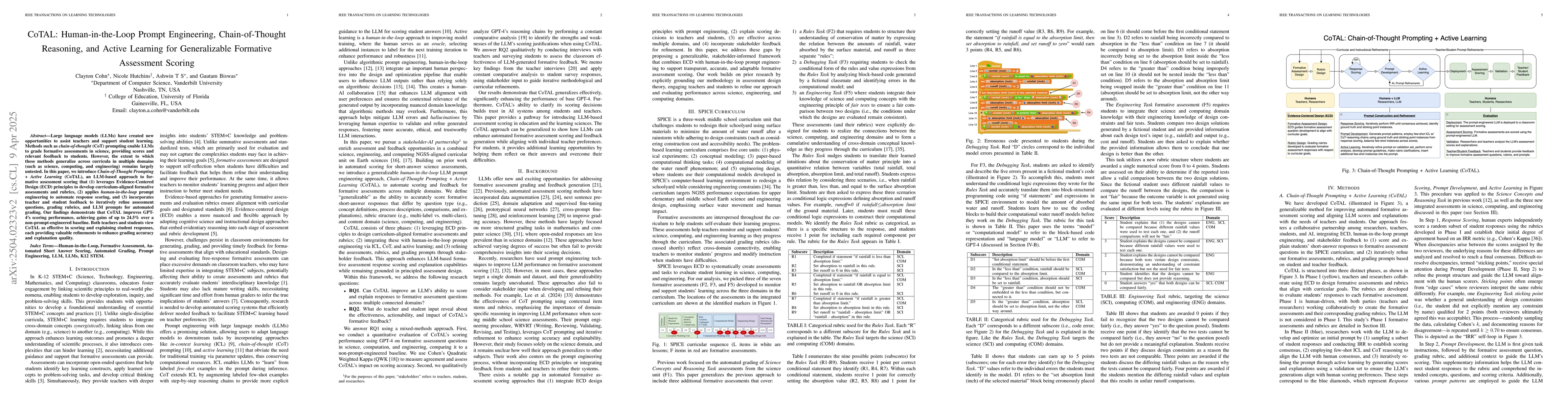 Thumbnail for CoTAL: Human-in-the-Loop Prompt Engineering, Chain-of-Thought Reasoning,
  and Active Learning for Generalizable Formative Assessment Scoring