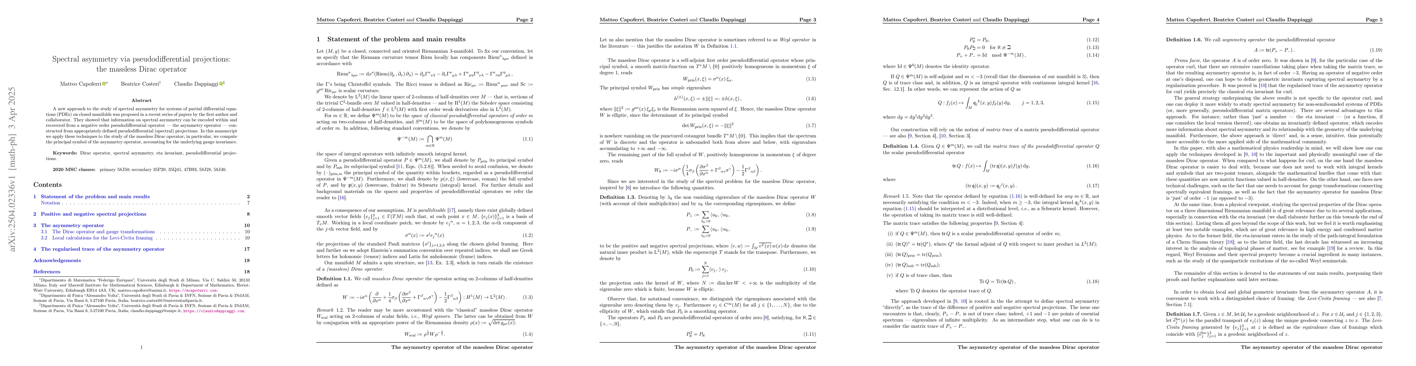 Thumbnail for Spectral asymmetry via pseudodifferential projections: the massless
  Dirac operator