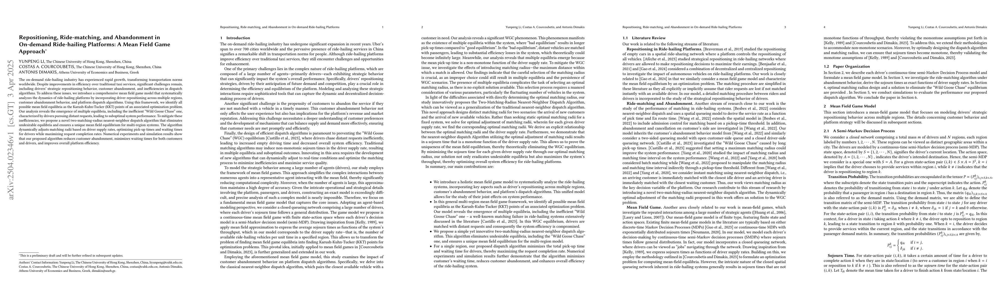 Thumbnail for Repositioning, Ride-matching, and Abandonment in On-demand Ride-hailing
  Platforms: A Mean Field Game Approach