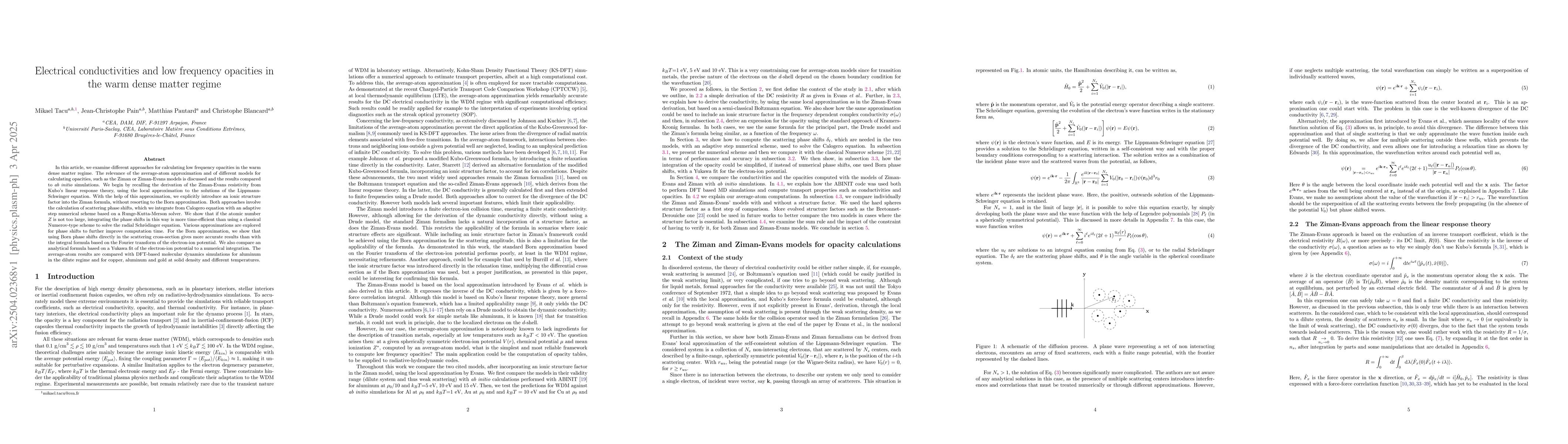 Thumbnail for Electrical conductivities and low frequency opacities in the warm dense
  matter regime