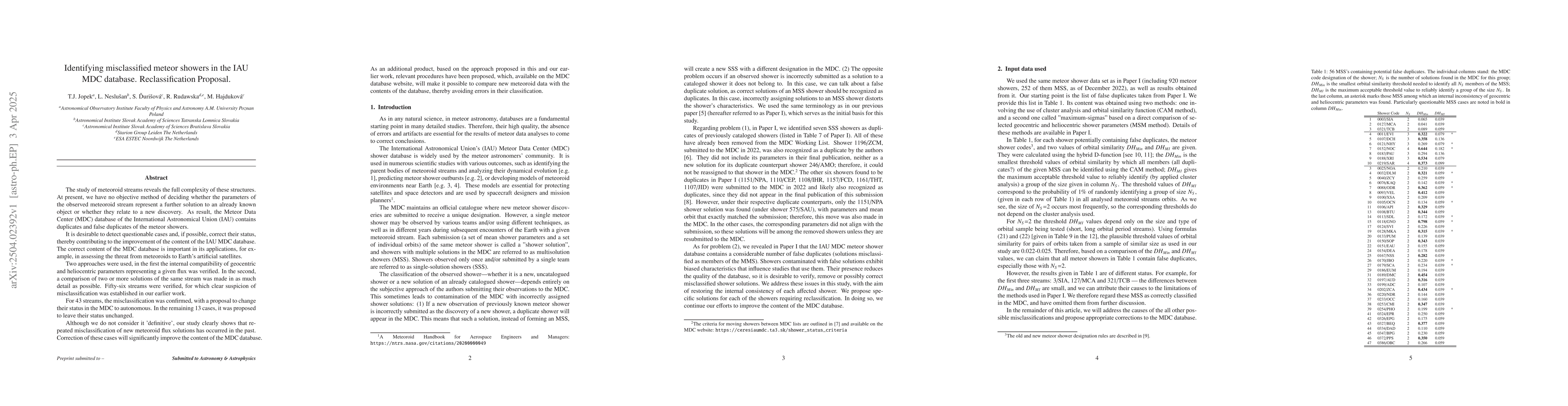 Thumbnail for Identifying misclassified meteor showers in the IAU MDC database.
  Reclassification Proposal