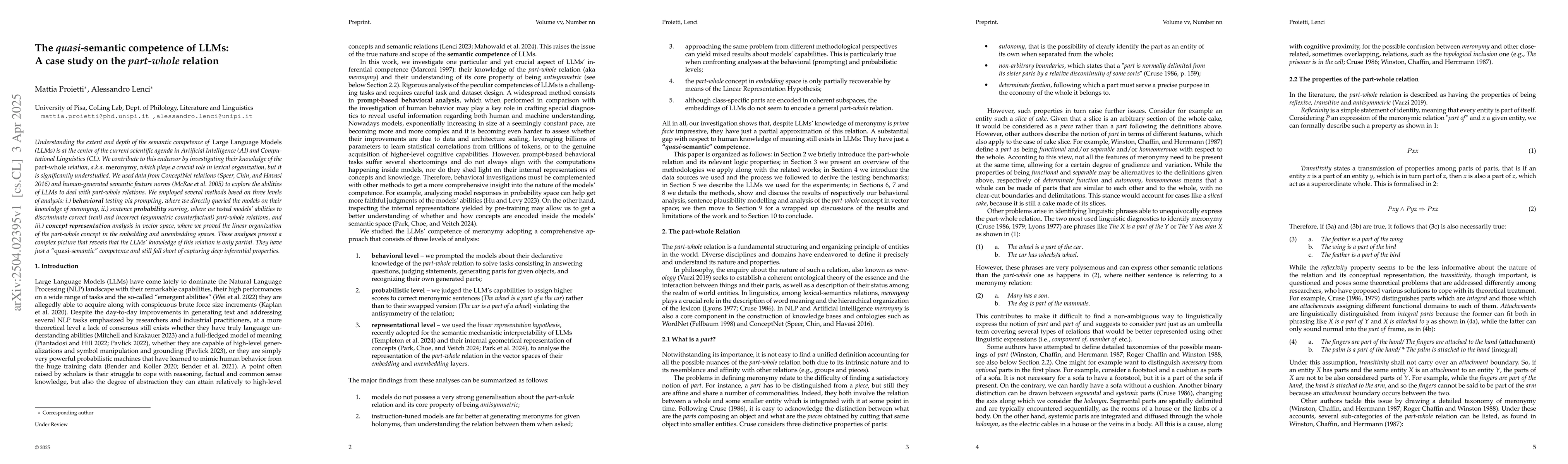 Thumbnail for The quasi-semantic competence of LLMs: a case study on the part-whole
  relation