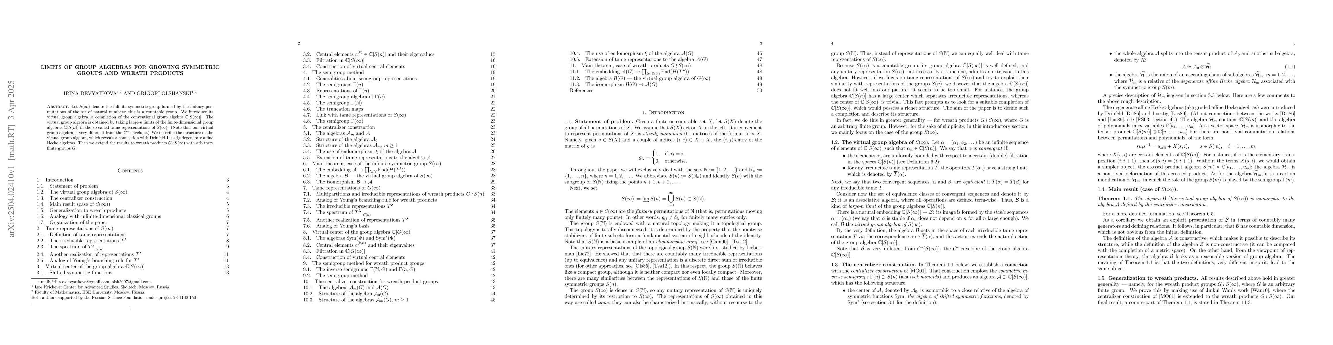 Thumbnail for Limits of group algebras for growing symmetric groups and wreath
  products