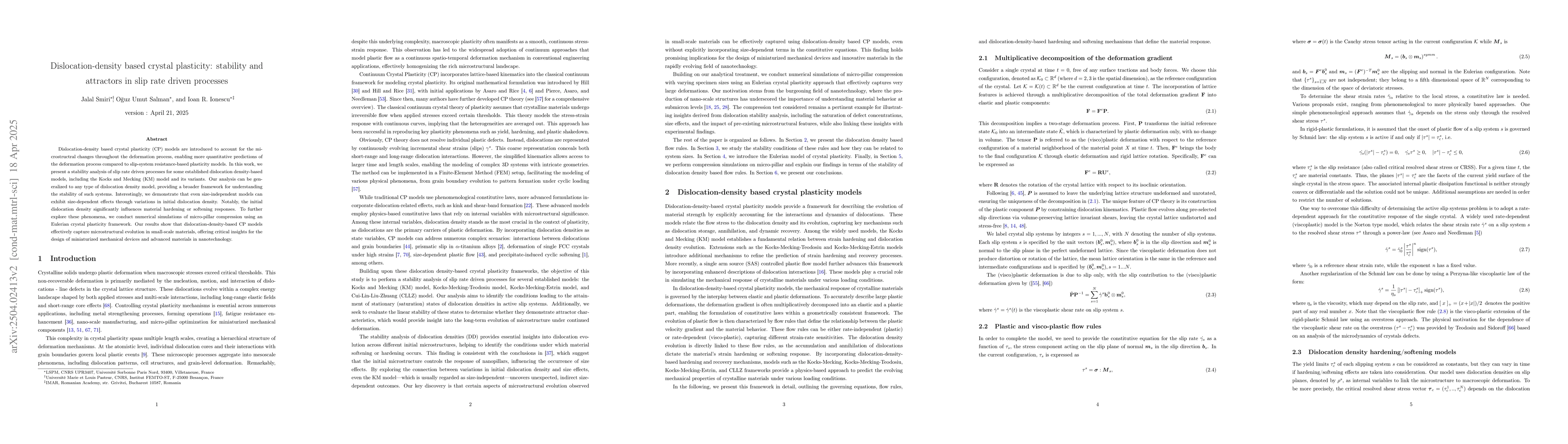 Thumbnail for Dislocation-density based crystal plasticity: stability and attractors
  in slip rate driven processes