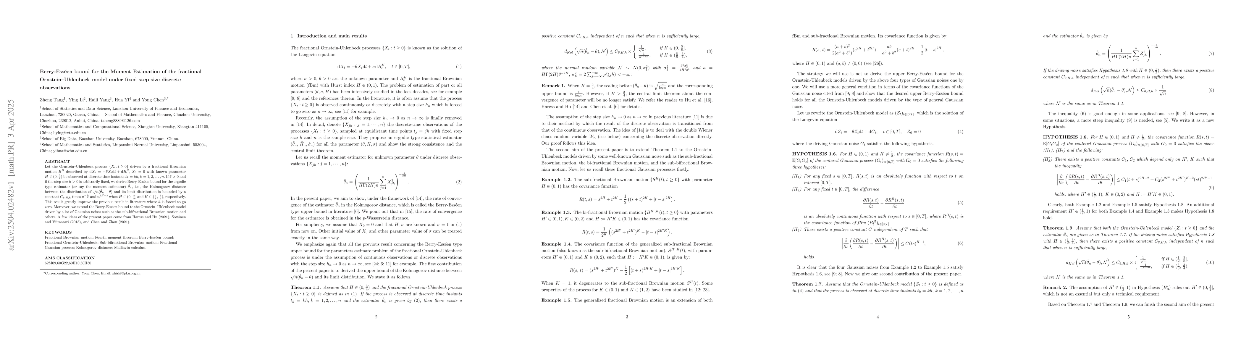 Thumbnail for Berry-Esseen bound for the Moment Estimation of the fractional
  Ornstein-Uhlenbeck model under fixed step size discrete observations