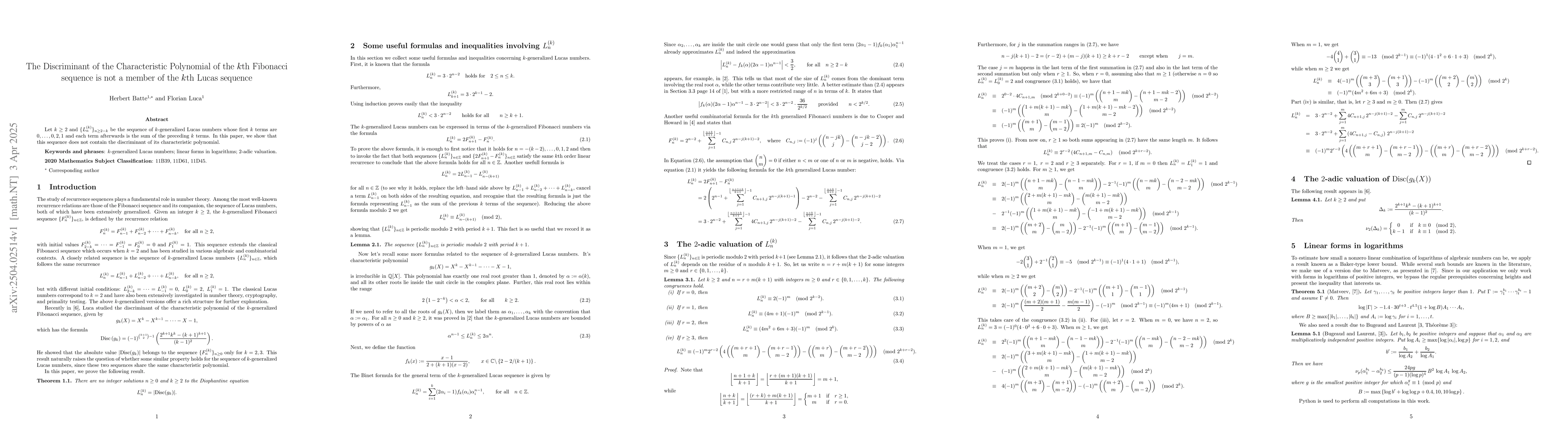 Thumbnail for The Discriminant of the Characteristic Polynomial of the $k$th Fibonacci
  sequence is not a member of the $k$th Lucas sequence