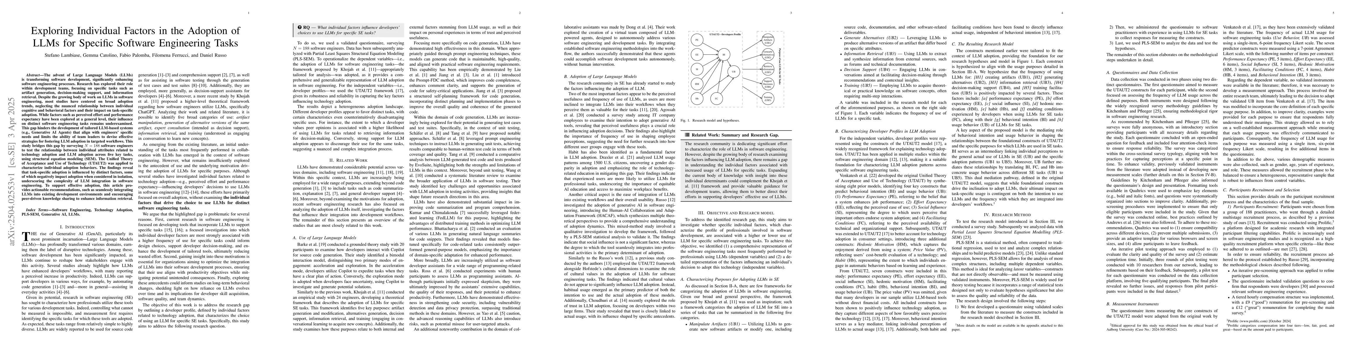Thumbnail for Exploring Individual Factors in the Adoption of LLMs for Specific
  Software Engineering Tasks