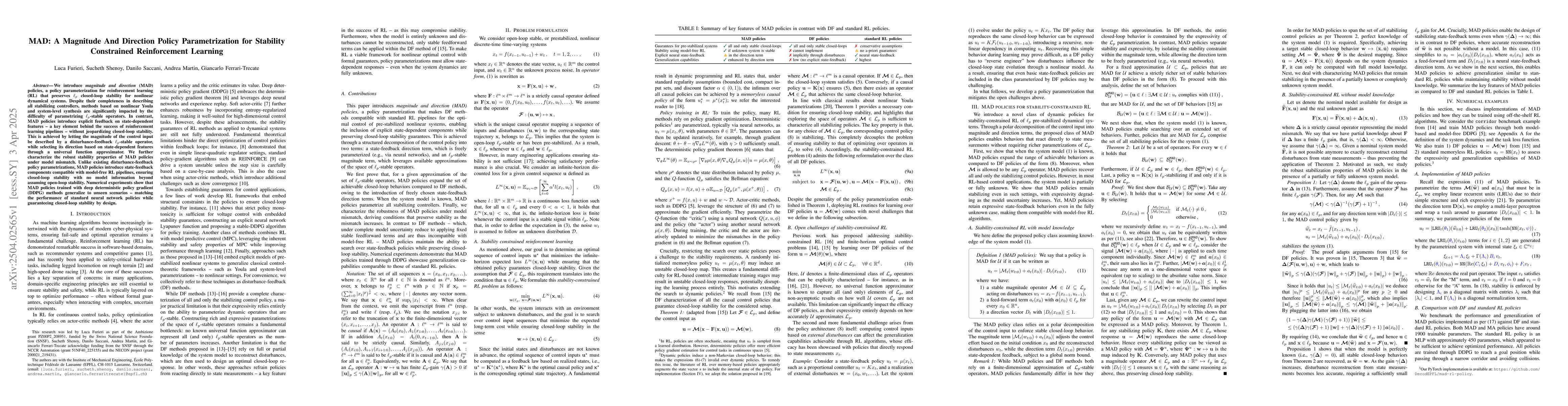 Thumbnail for MAD: A Magnitude And Direction Policy Parametrization for Stability
  Constrained Reinforcement Learning