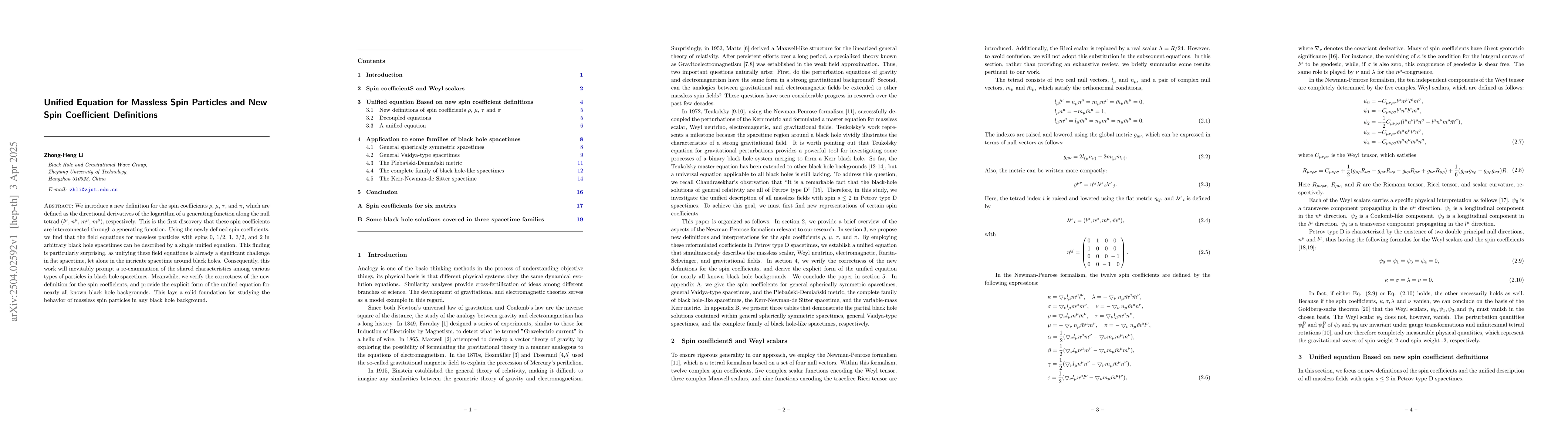 Thumbnail for Unified Equation for Massless Spin Particles and New Spin Coefficient
  Definitions