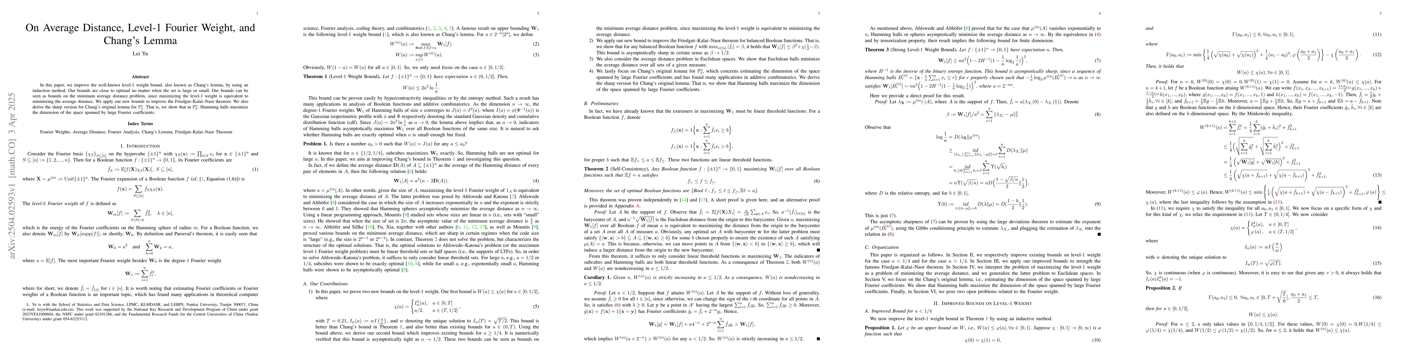 Thumbnail for On Average Distance, Level-1 Fourier Weight, and Chang's Lemma