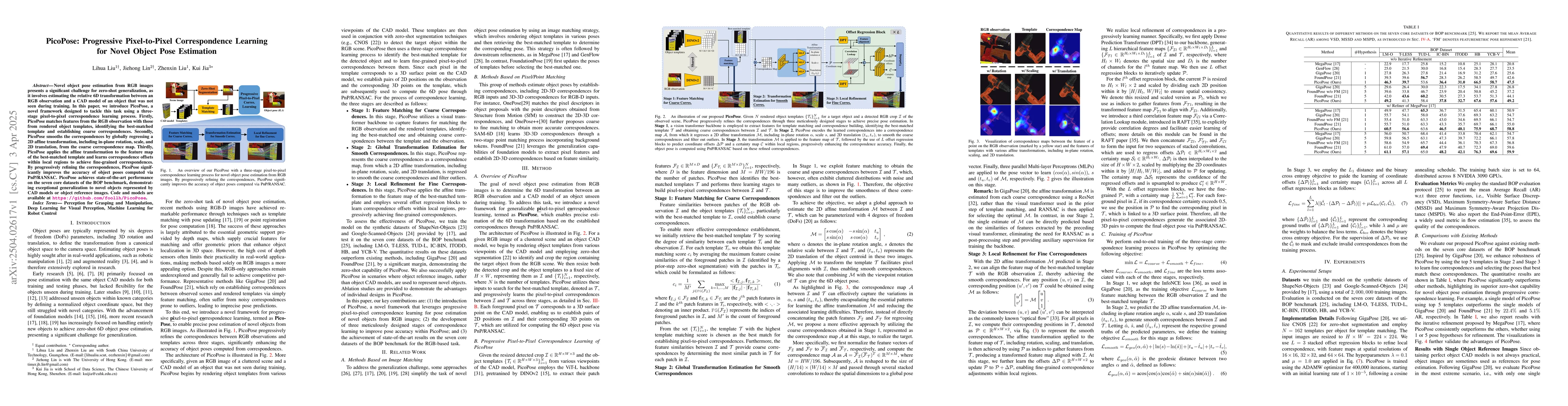 Thumbnail for PicoPose: Progressive Pixel-to-Pixel Correspondence Learning for Novel
  Object Pose Estimation