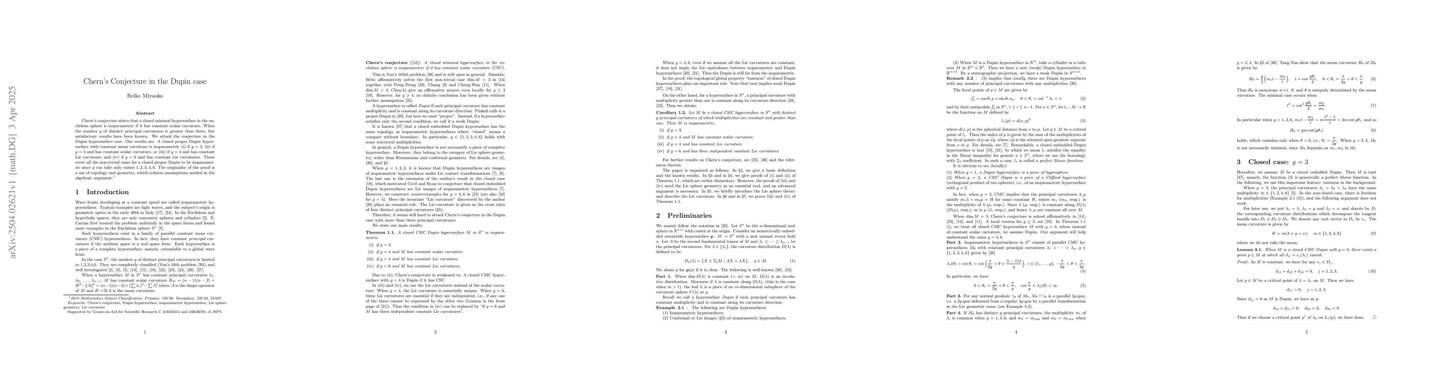 Thumbnail for Chern's Conjecture in the Dupin case