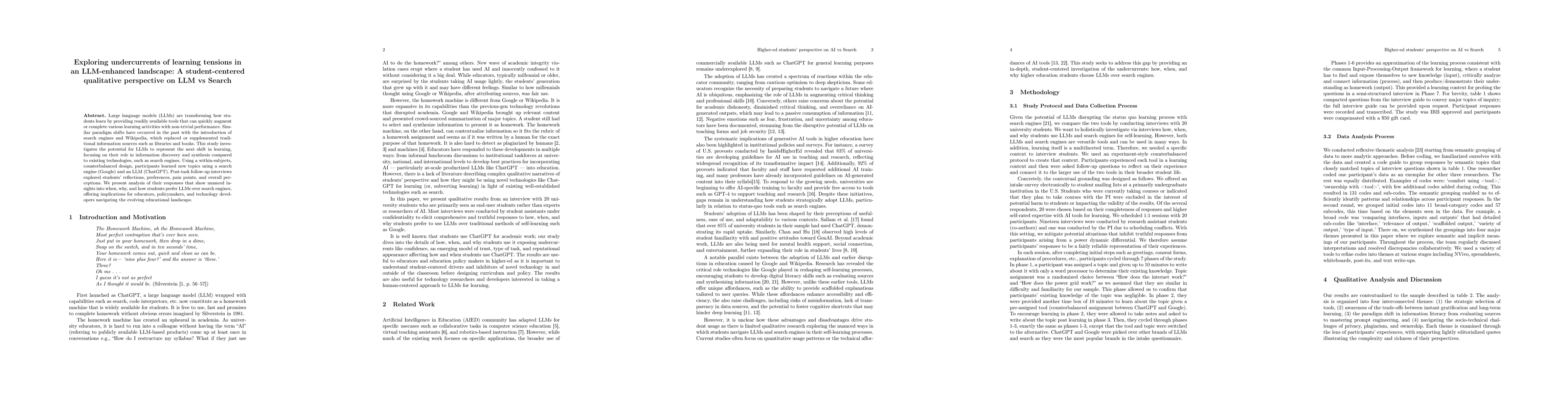 Thumbnail for Exploring undercurrents of learning tensions in an LLM-enhanced
  landscape: A student-centered qualitative perspective on LLM vs Search