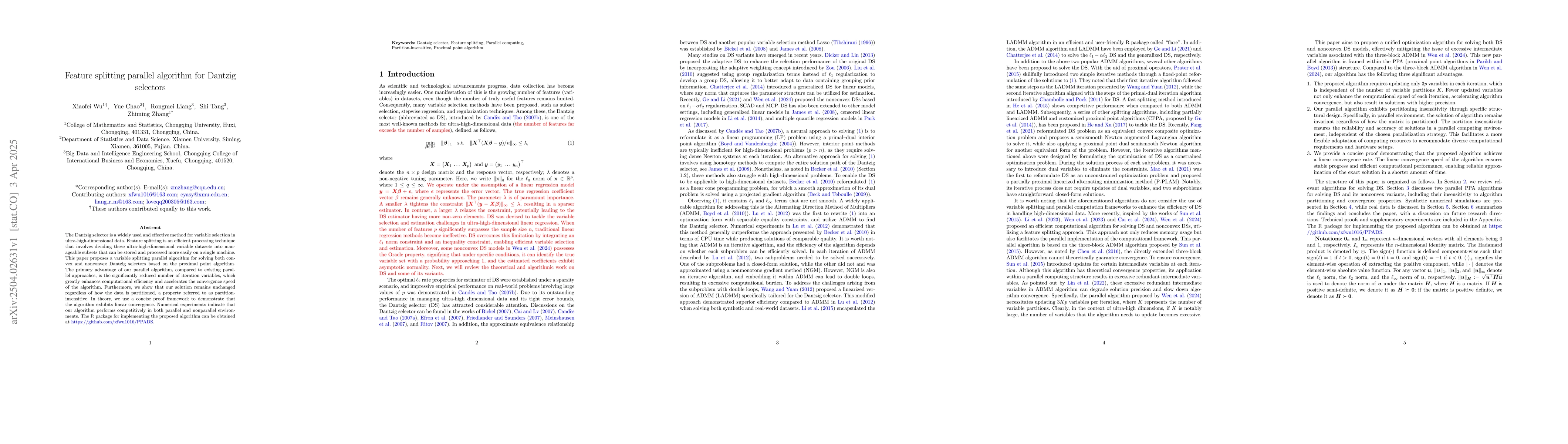 Thumbnail for Feature splitting parallel algorithm for Dantzig selectors