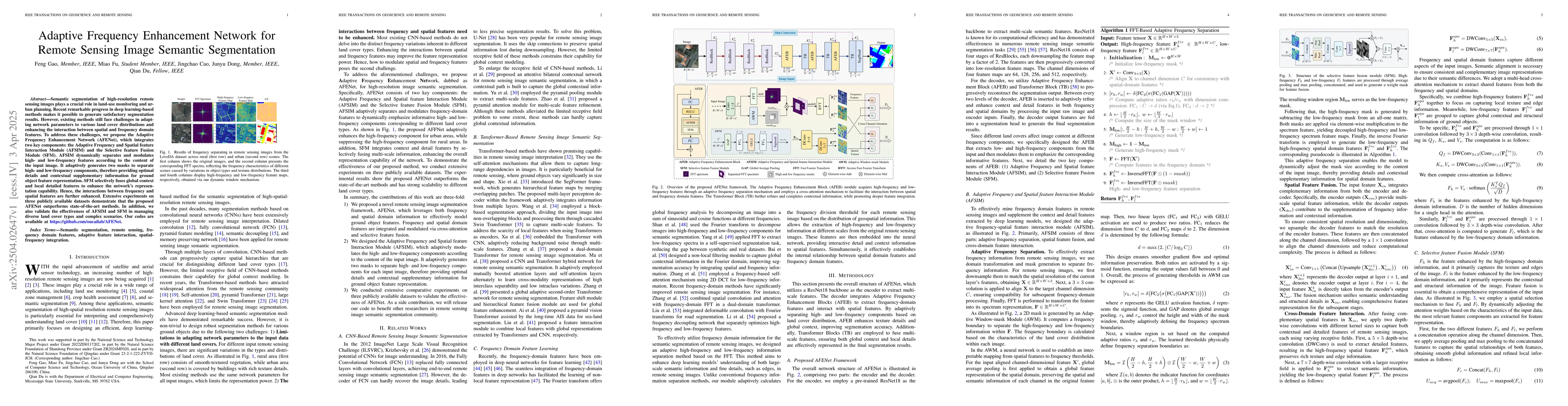 Thumbnail for Adaptive Frequency Enhancement Network for Remote Sensing Image Semantic
  Segmentation