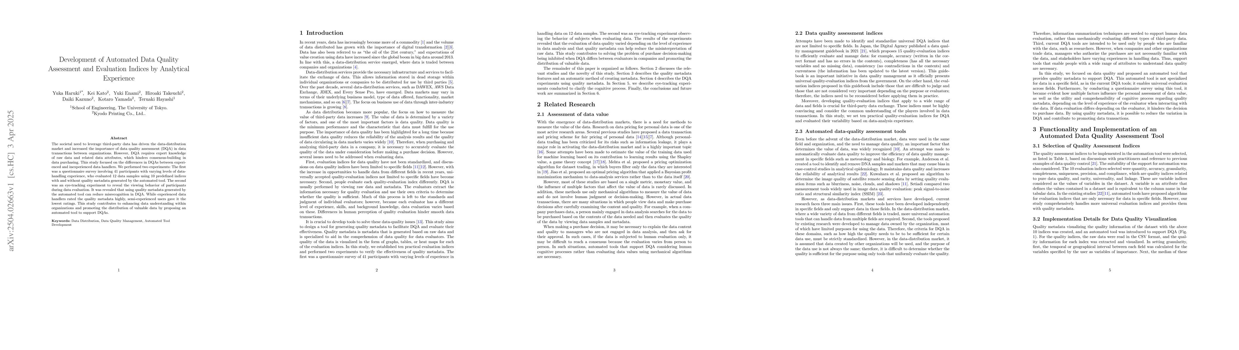 Thumbnail for Development of Automated Data Quality Assessment and Evaluation Indices
  by Analytical Experience