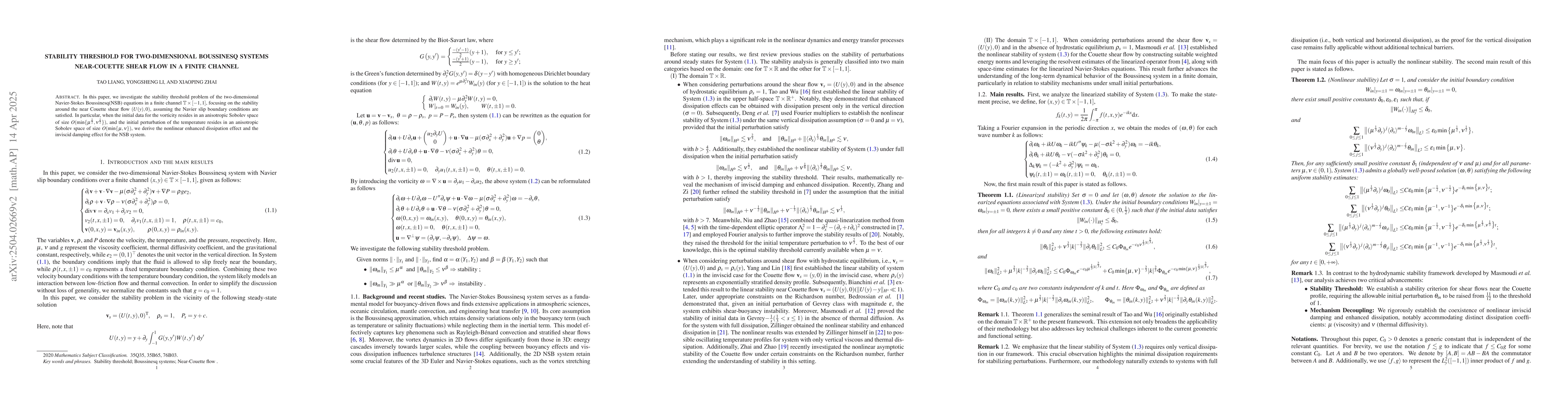Thumbnail for Stability threshold for two-dimensional Boussinesq systems near-Couette
  shear flow in a finite channel
