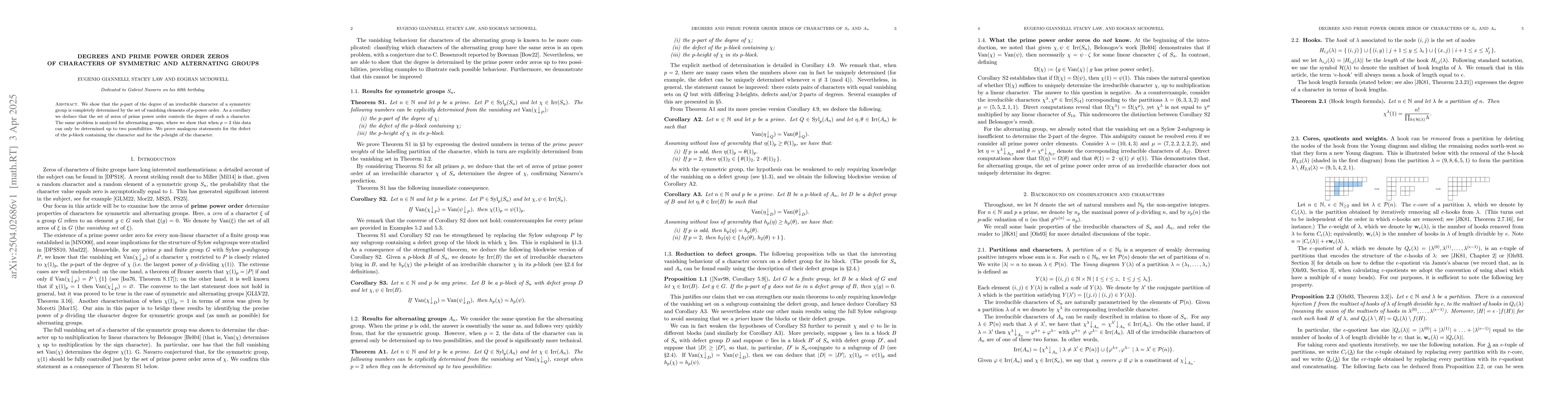 Thumbnail for Degrees and prime power order zeros of characters of symmetric and
  alternating groups