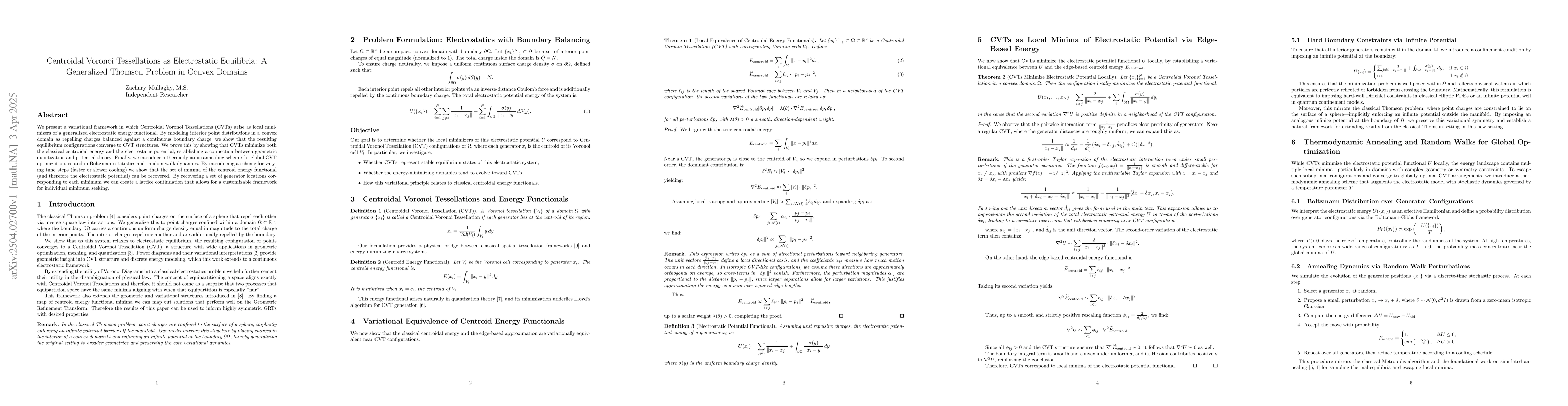 Thumbnail for Centroidal Voronoi Tessellations as Electrostatic Equilibria: A
  Generalized Thomson Problem in Convex Domains