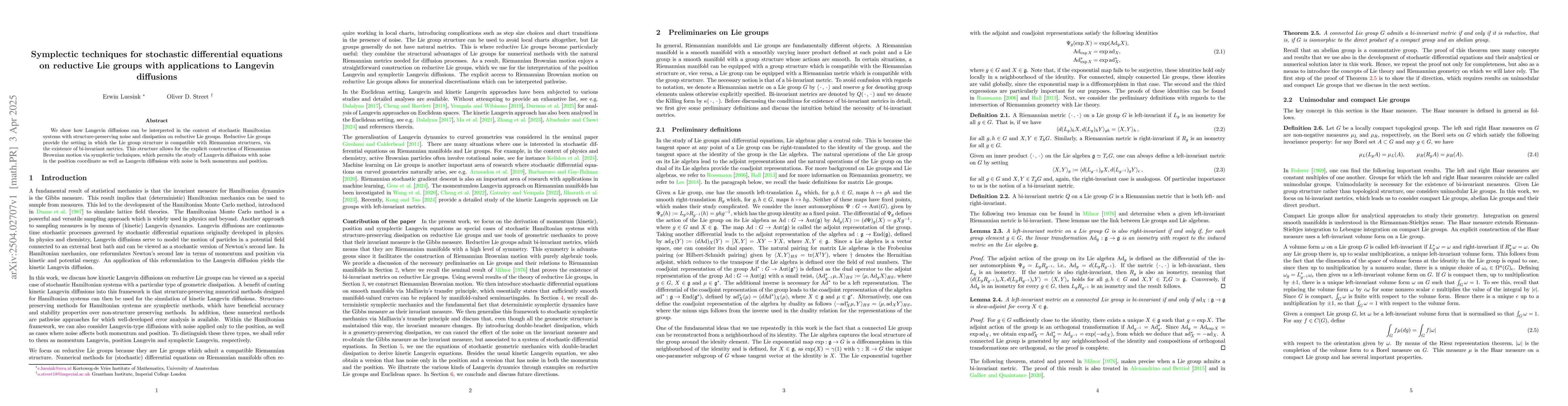 Thumbnail for Symplectic techniques for stochastic differential equations on reductive
  Lie groups with applications to Langevin diffusions