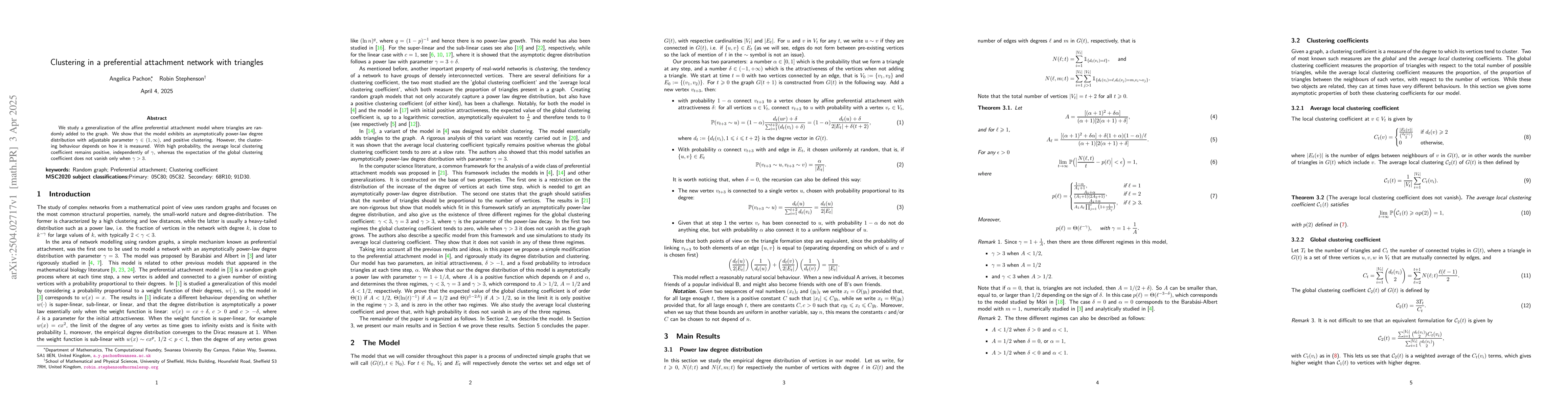 Thumbnail for Clustering in a preferential attachment network with triangles