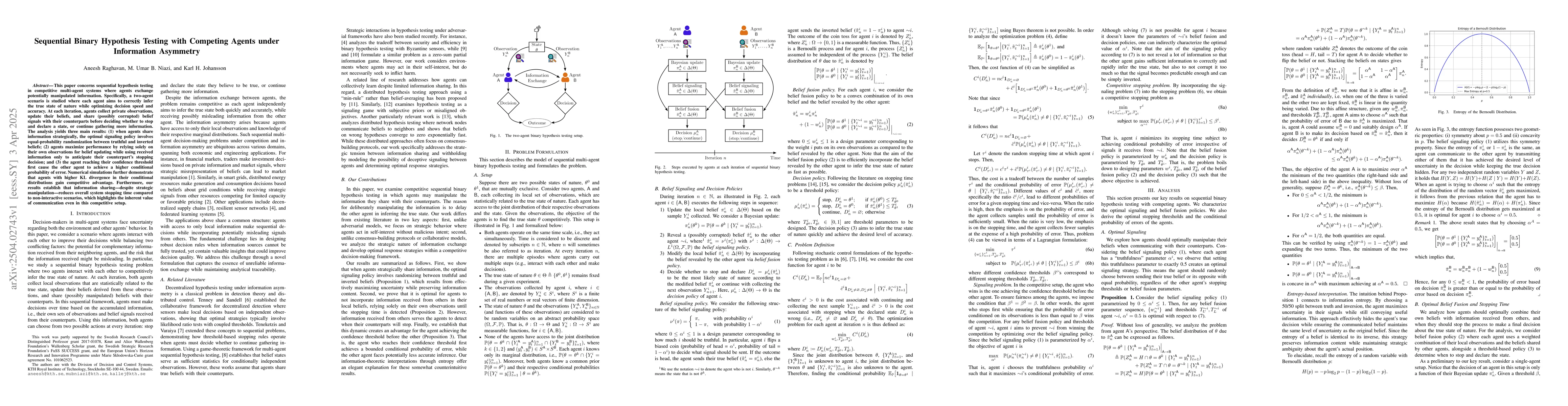 Thumbnail for Sequential Binary Hypothesis Testing with Competing Agents under
  Information Asymmetry
