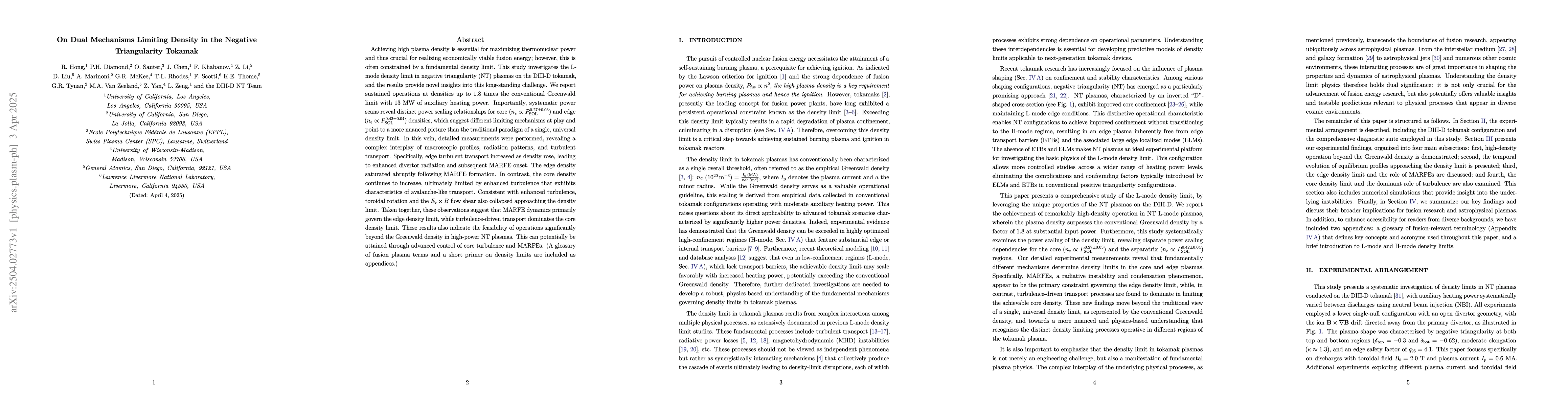 Thumbnail for On Dual Mechanisms Limiting Density in the Negative Triangularity
  Tokamak