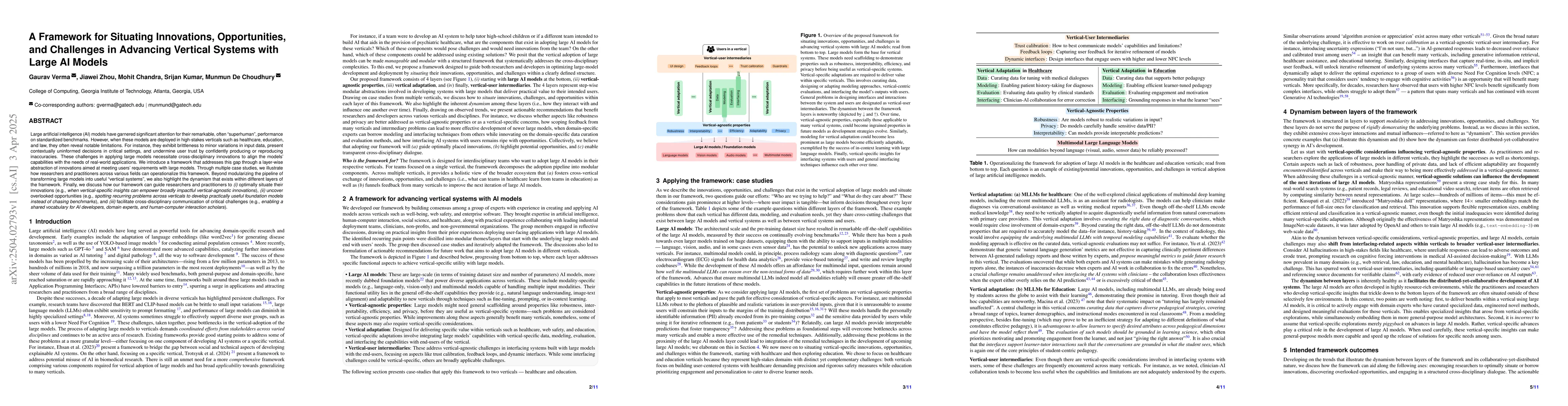 Thumbnail for A Framework for Situating Innovations, Opportunities, and Challenges in
  Advancing Vertical Systems with Large AI Models