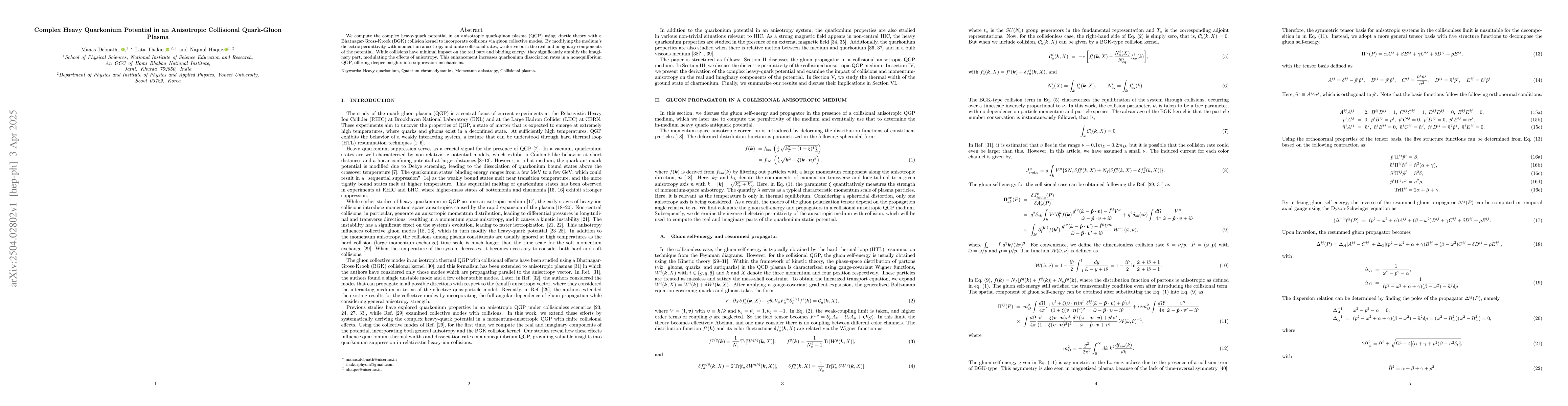 Thumbnail for Complex Heavy Quarkonium Potential in an Anisotropic Collisional
  Quark-Gluon Plasma