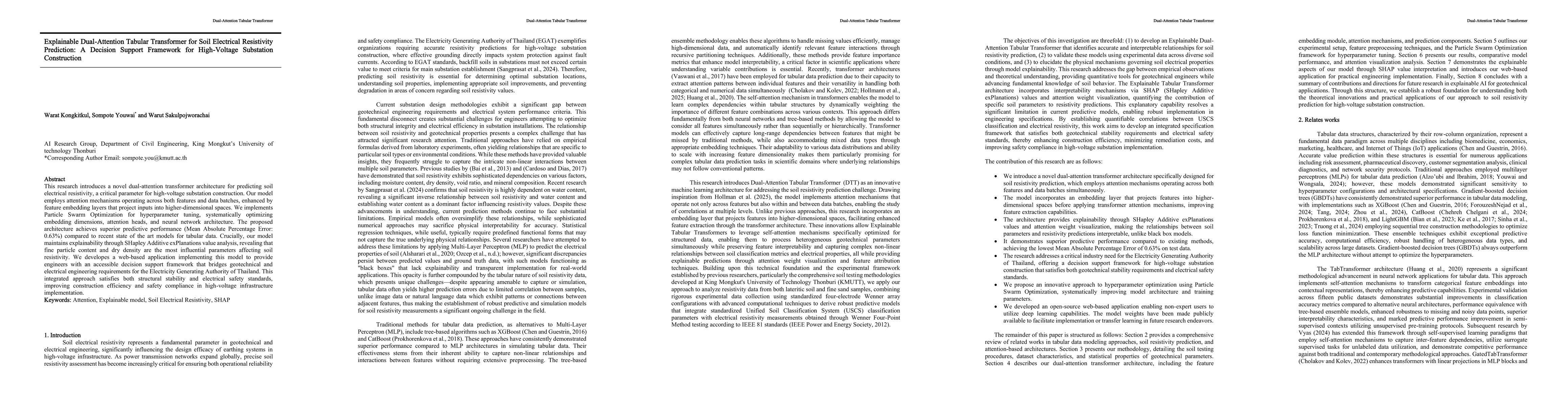 Thumbnail for Explainable Dual-Attention Tabular Transformer for Soil Electrical
  Resistivity Prediction: A Decision Support Framework for High-Voltage
  Substation Construction