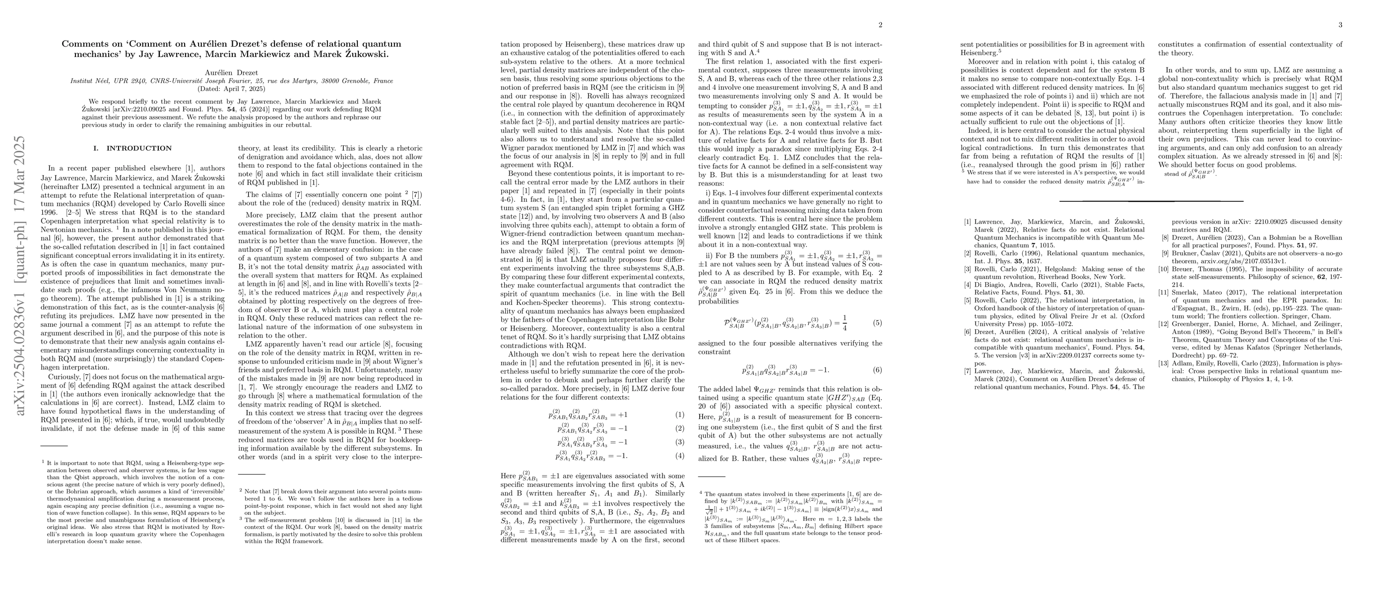 Thumbnail for Comments on `Comment on Aurélien Drezet's defense of relational
  quantum mechanics' by Jay Lawrence, Marcin Markiewicz and Marek Źukowski
