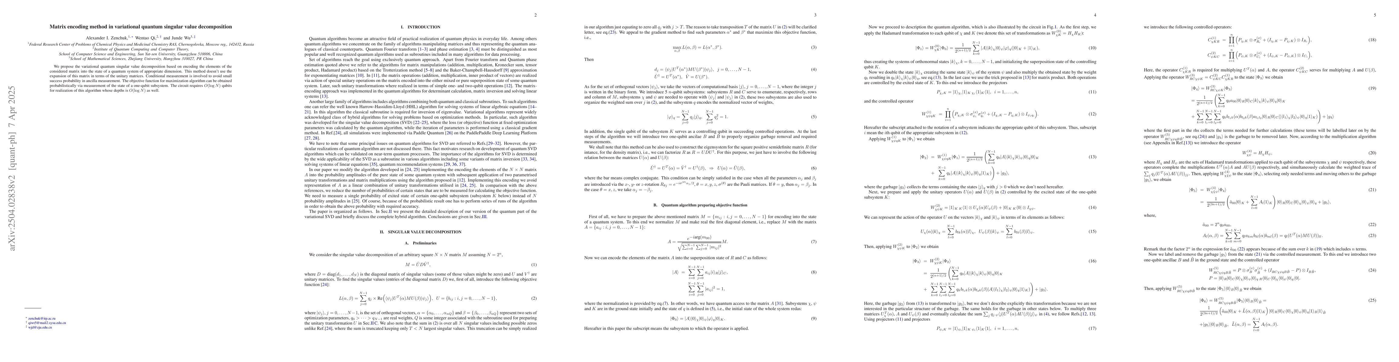 Thumbnail for Matrix encoding method in variational quantum singular value
  decomposition