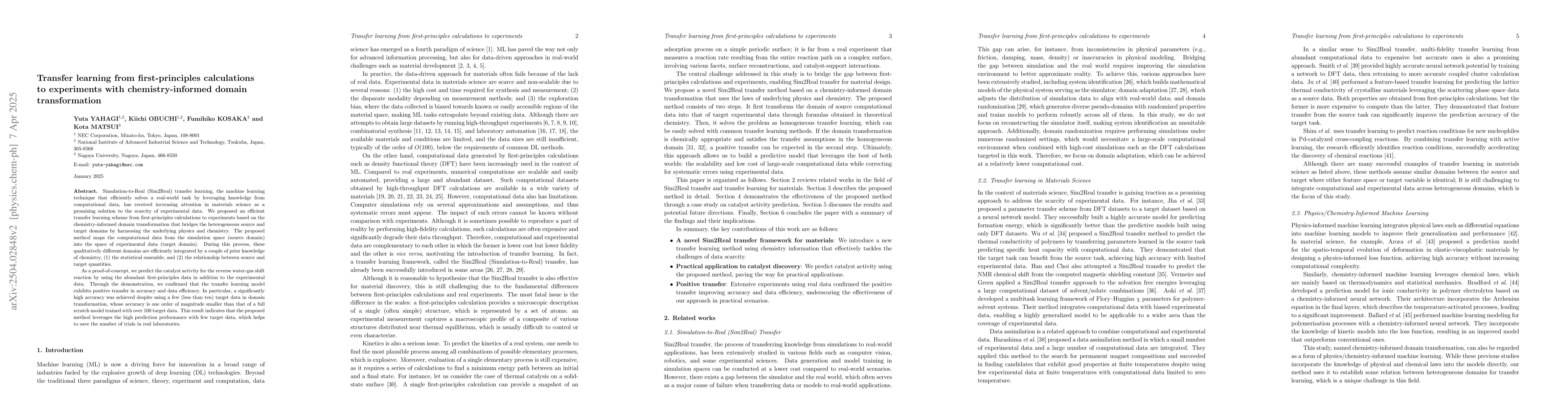 Thumbnail for Transfer learning from first-principles calculations to experiments with
  chemistry-informed domain transformation