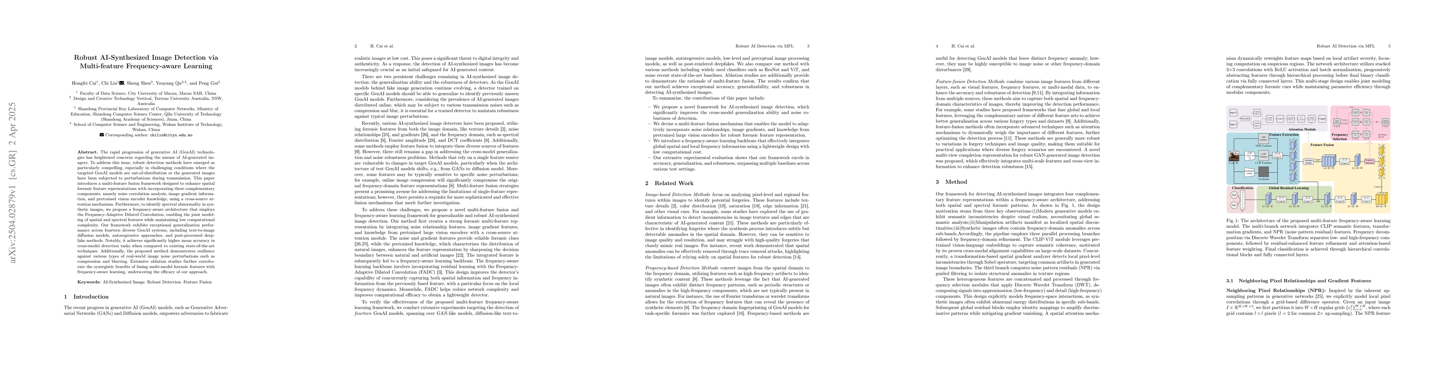 Thumbnail for Robust AI-Synthesized Image Detection via Multi-feature Frequency-aware
  Learning