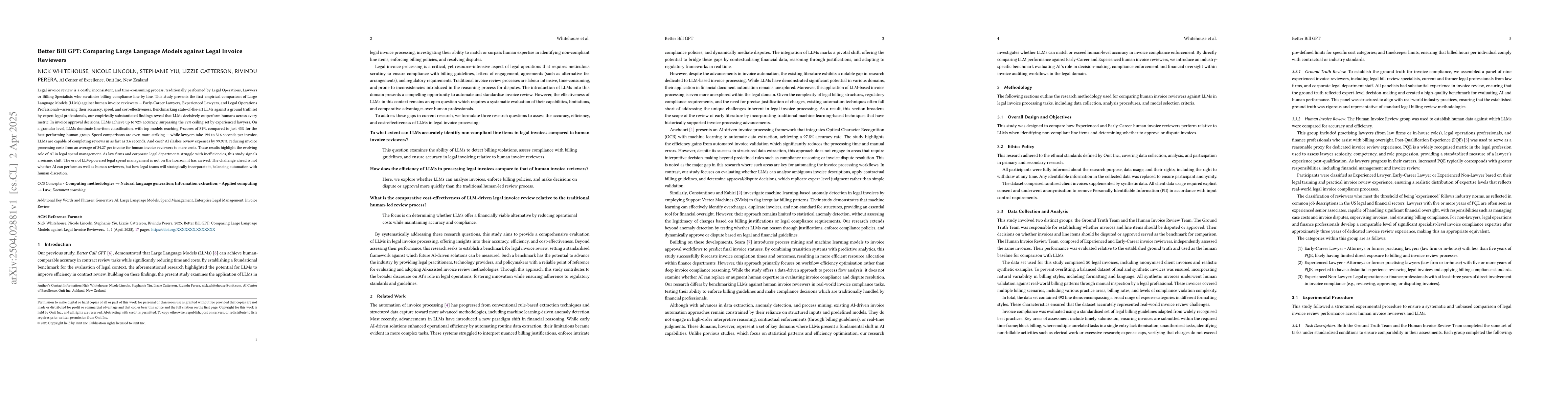 Thumbnail for Better Bill GPT: Comparing Large Language Models against Legal Invoice
  Reviewers