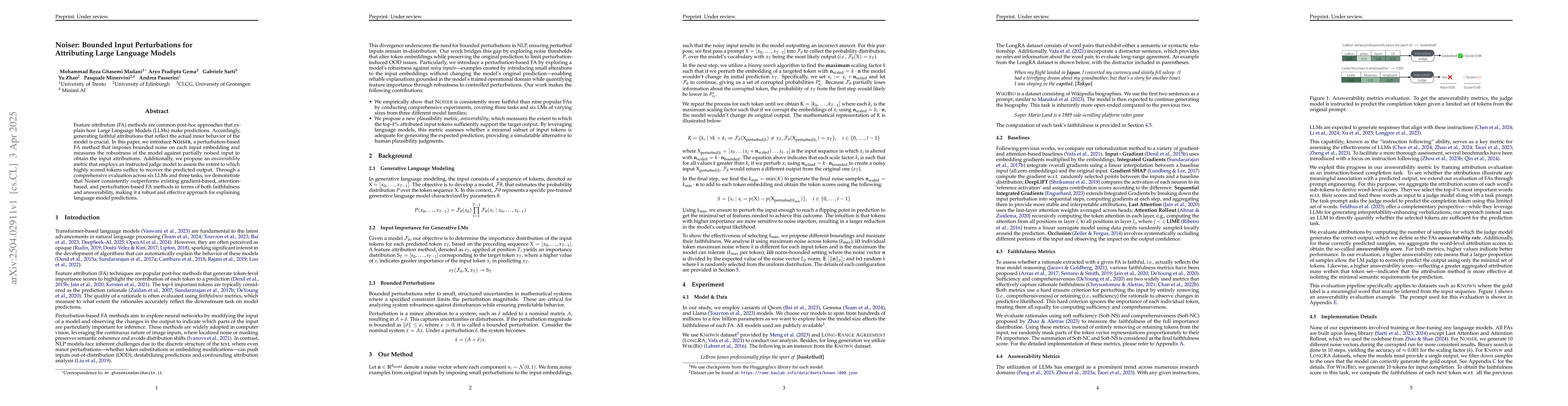 Thumbnail for Noiser: Bounded Input Perturbations for Attributing Large Language
  Models