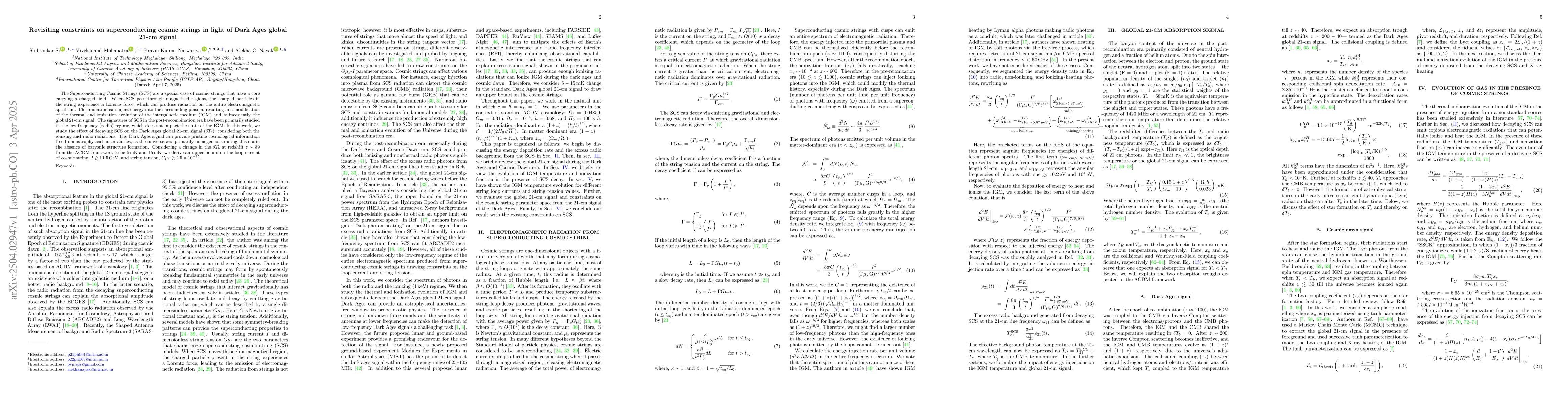 Thumbnail for Revisiting constraints on superconducting cosmic strings in light of
  Dark Ages global 21-cm signal