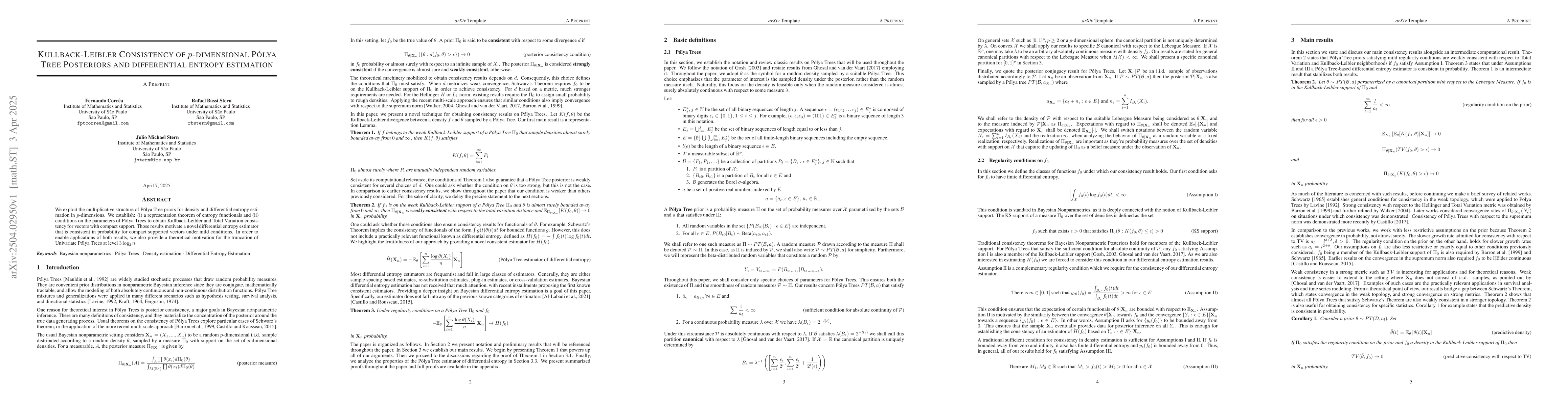 Thumbnail for Kullback-Leibler Consistency of $p$-dimensional Pólya Tree Posteriors
  and Differential Entropy Estimation